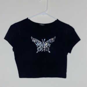 Black rhinestone butterfly crop top
